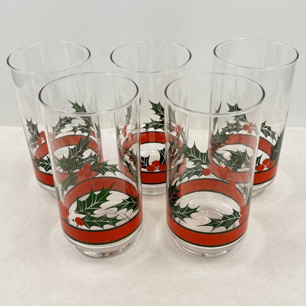 Set Of 5 Vintage Libbey Holiday Glasses Holly & Berries 16 oz Tumblers Red Green